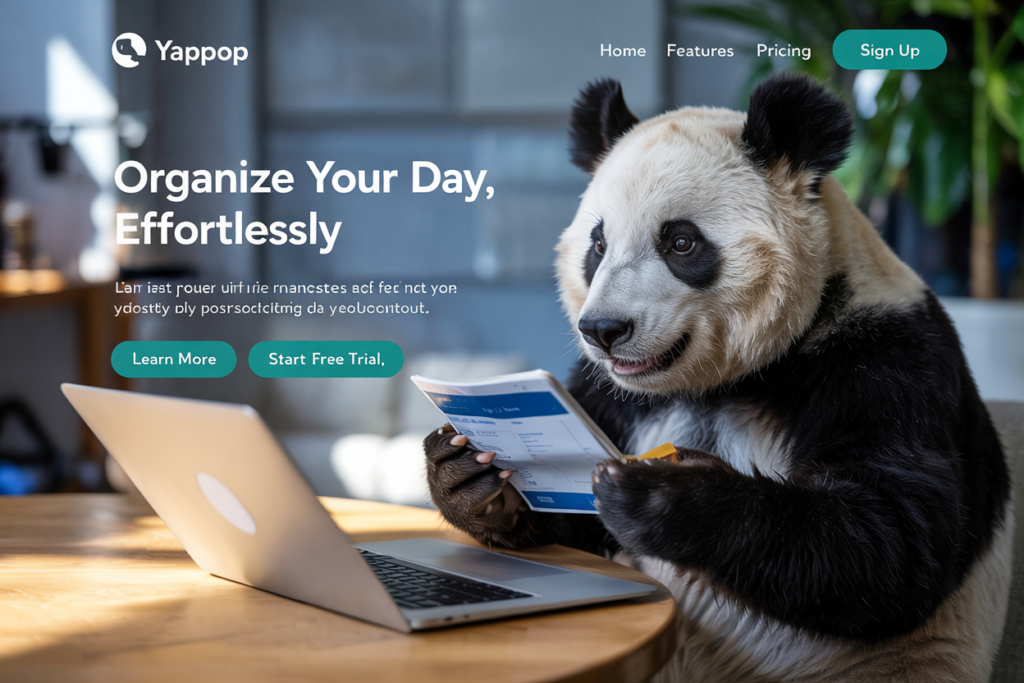 Un oso panda de negocios trabajando en un ordenador con un diseño web minimalista, simbolizando la simplicidad y eficiencia en el diseño web.